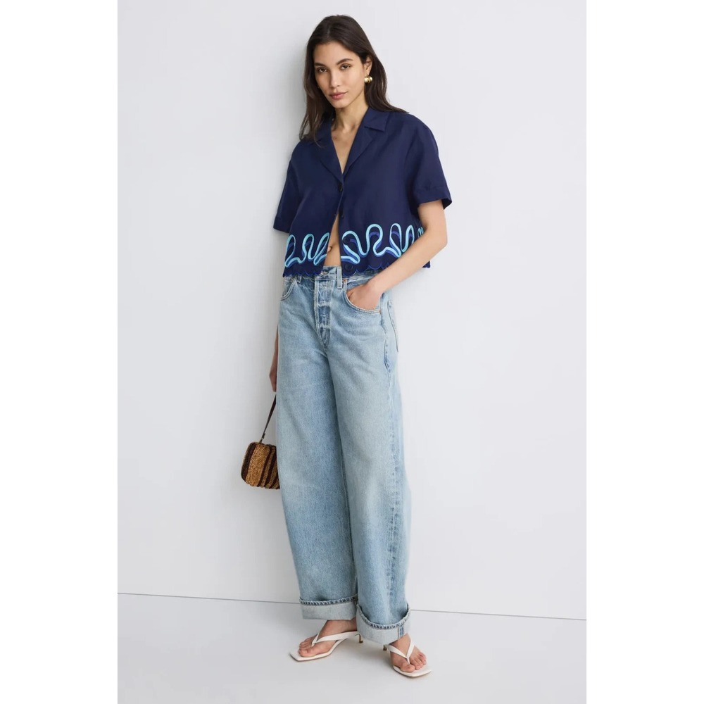 The Wolf Gang Zabelle Squiggle Embroidered Cropped Button Shirt In Blue Sz S
